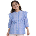 Girls Blue Printed Poplin Top with Ruffle Detail