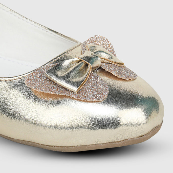 Girls Gold Bow Glitter Slip On Ballerinas