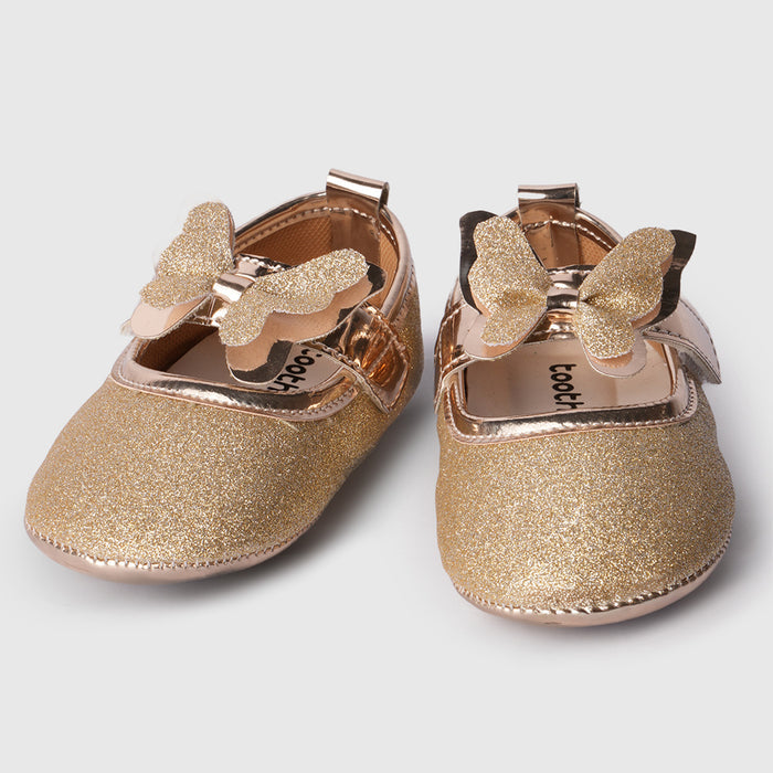 Girls Gold Butterfly Embellished Baby Booties with Glitter Finish