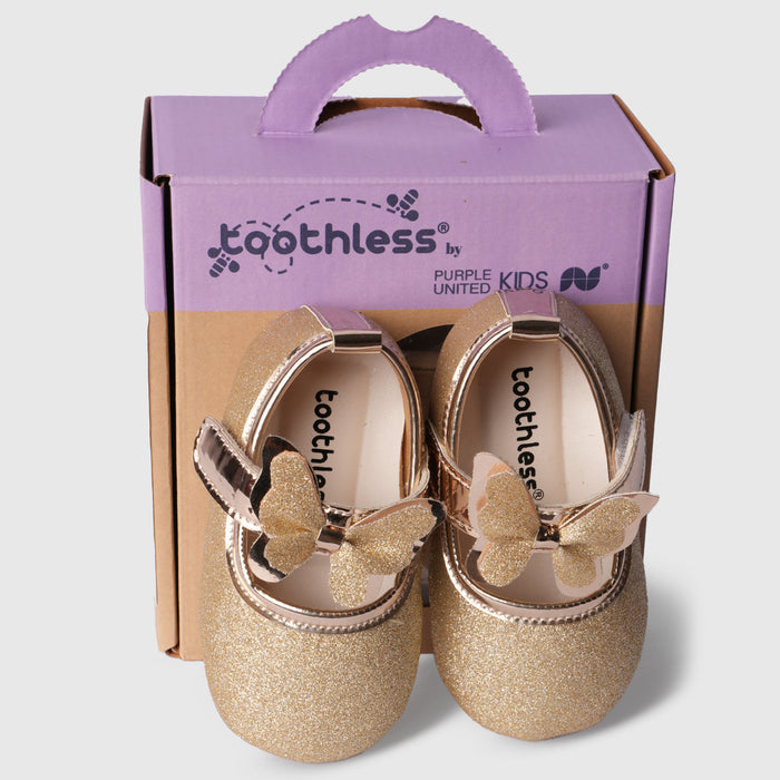 Girls Gold Butterfly Embellished Baby Booties with Glitter Finish