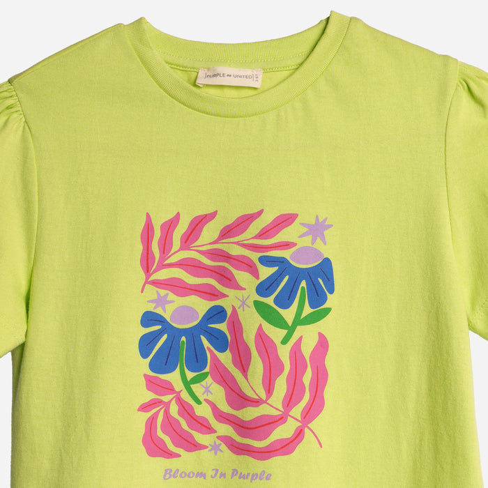 Girls Light Green Floral Graphic T-Shirt with Regular Fit