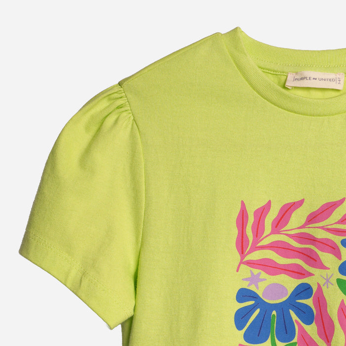 Girls Light Green Floral Graphic T-Shirt with Regular Fit