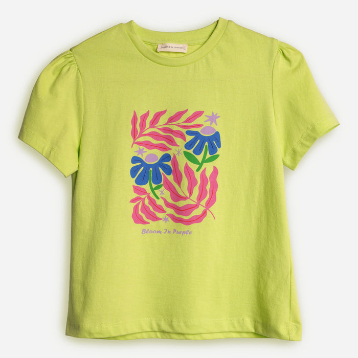 Girls Light Green Floral Graphic T-Shirt with Regular Fit