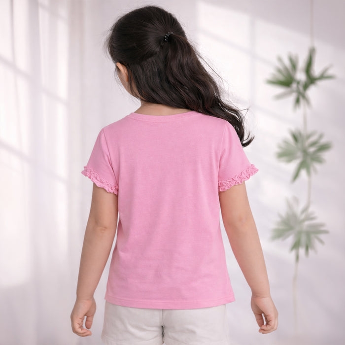 Girls Light Pink Studded Dream Typography T-Shirt with Short Puff Sleeves