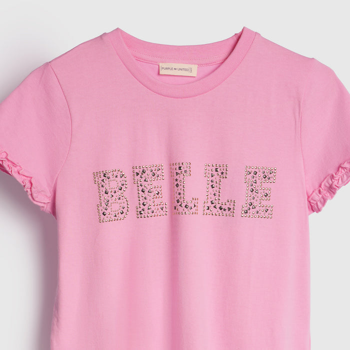 Girls Light Pink Studded Dream Typography T-Shirt with Short Puff Sleeves
