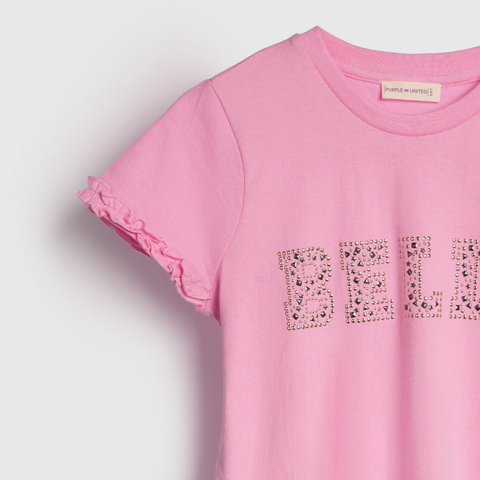 Girls Light Pink Studded Dream Typography T-Shirt with Short Puff Sleeves