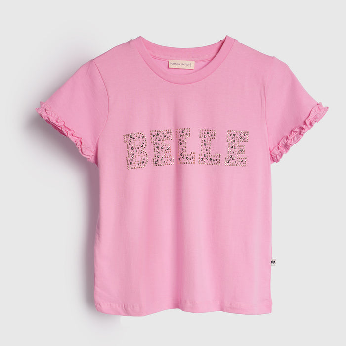 Girls Light Pink Studded Dream Typography T-Shirt with Short Puff Sleeves
