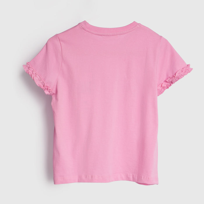 Girls Light Pink Studded Dream Typography T-Shirt with Short Puff Sleeves