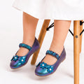 Girls Metallic Blue Floral Pearl Ballerinas
