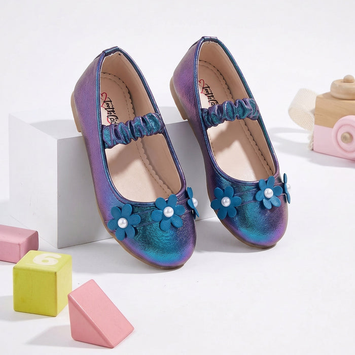 Girls Metallic Blue Floral Pearl Ballerinas