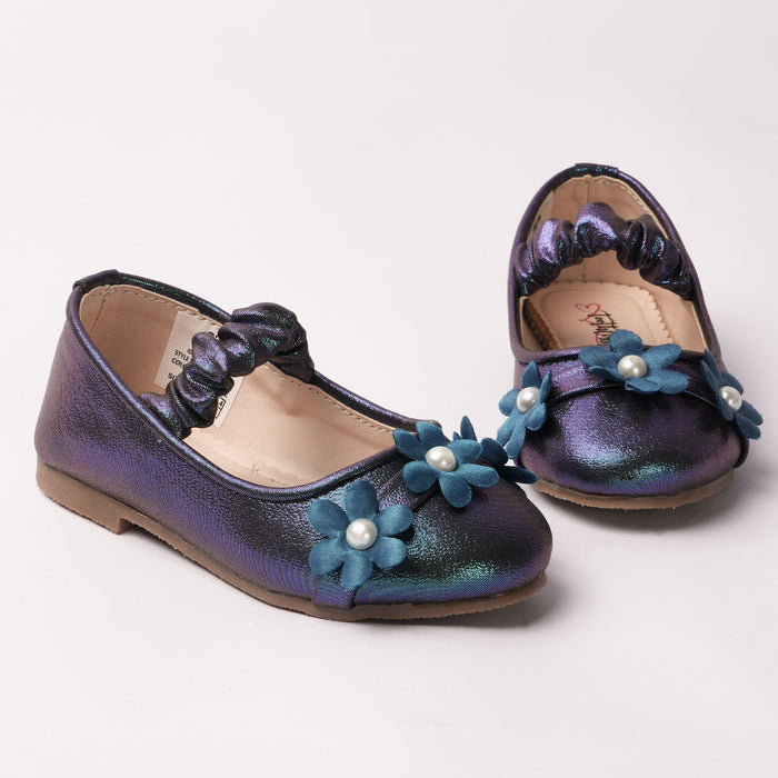 Girls Metallic Blue Floral Pearl Ballerinas