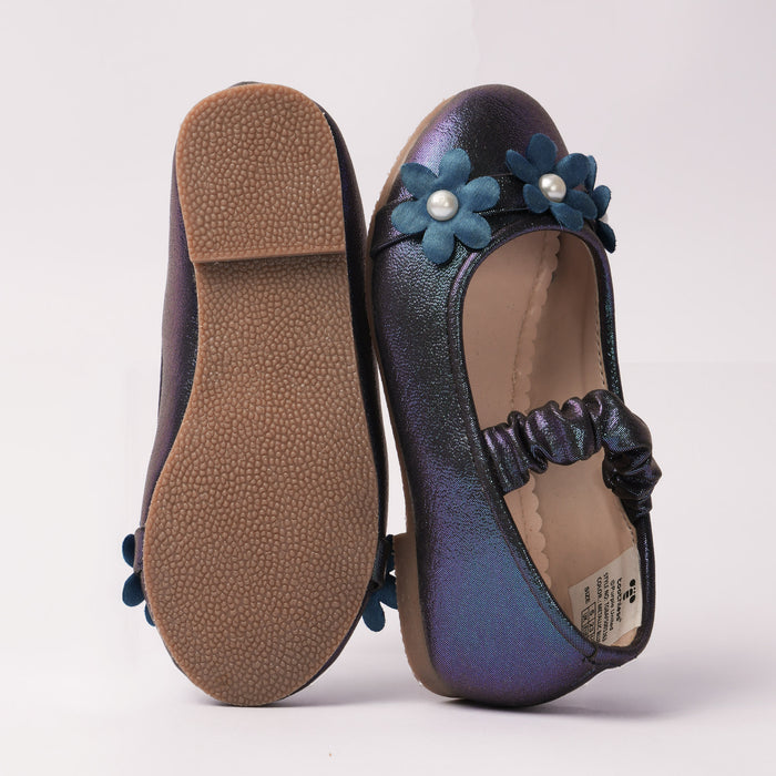 Girls Metallic Blue Floral Pearl Ballerinas