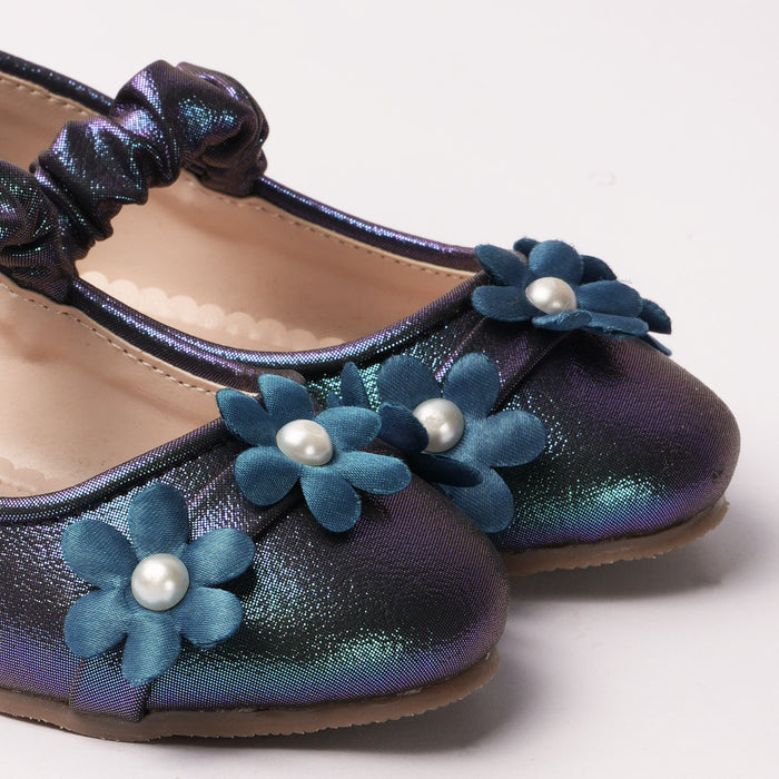 Girls Metallic Blue Floral Pearl Ballerinas