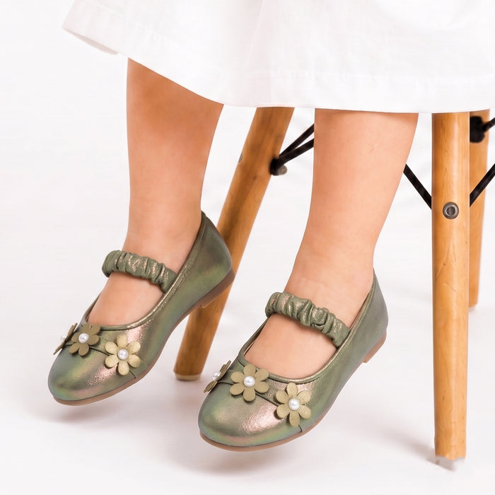 Girls Metallic Green Floral Pearl Ballerinas