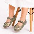 Girls Metallic Green Floral Pearl Ballerinas
