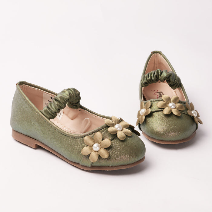 Girls Metallic Green Floral Pearl Ballerinas