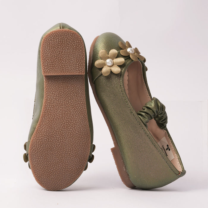 Girls Metallic Green Floral Pearl Ballerinas