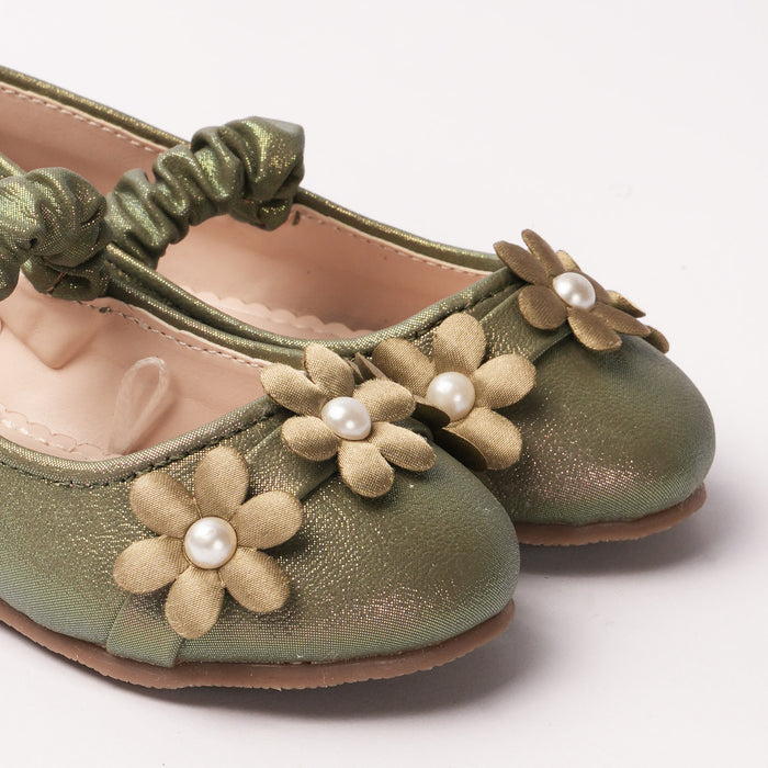 Girls Metallic Green Floral Pearl Ballerinas