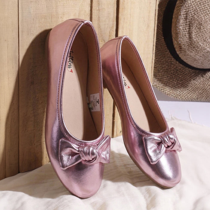 Girls Metallic Rose Pink Bow Ballerinas