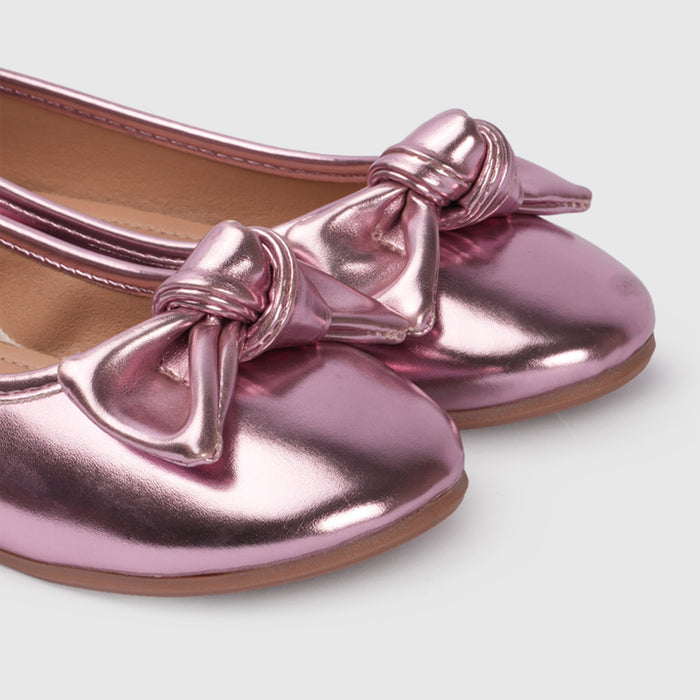 Girls Metallic Rose Pink Bow Ballerinas