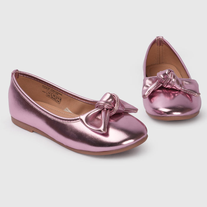 Girls Metallic Rose Pink Bow Ballerinas