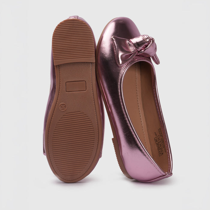Girls Metallic Rose Pink Bow Ballerinas
