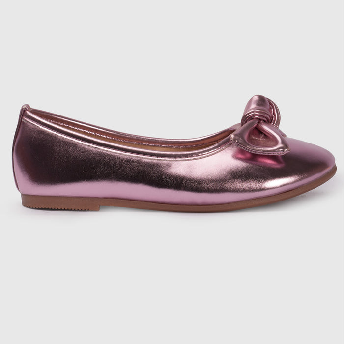 Girls Metallic Rose Pink Bow Ballerinas