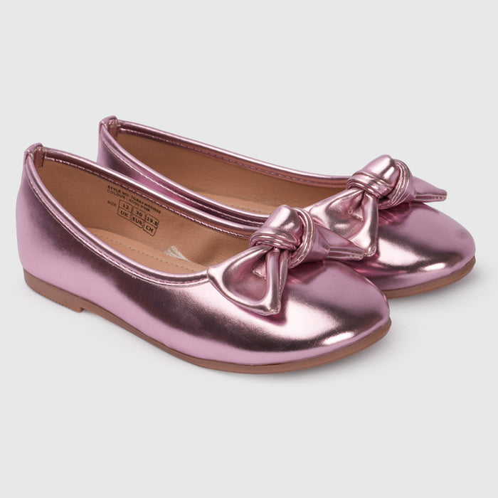Girls Metallic Rose Pink Bow Ballerinas
