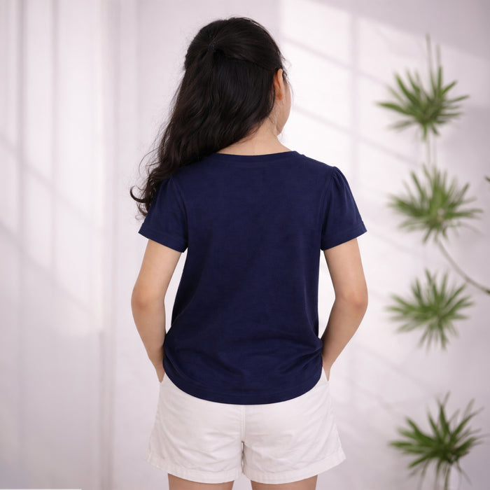 Girls Navy Embellished Summer T-Shirt with Puff Sleeves & Shine Artwork