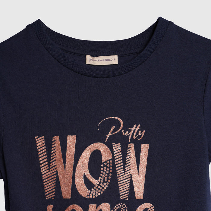 Girls Navy Embellished Summer T-Shirt with Puff Sleeves & Shine Artwork