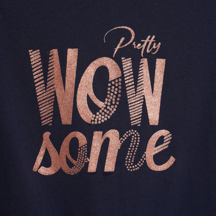Girls Navy Embellished Summer T-Shirt with Puff Sleeves & Shine Artwork
