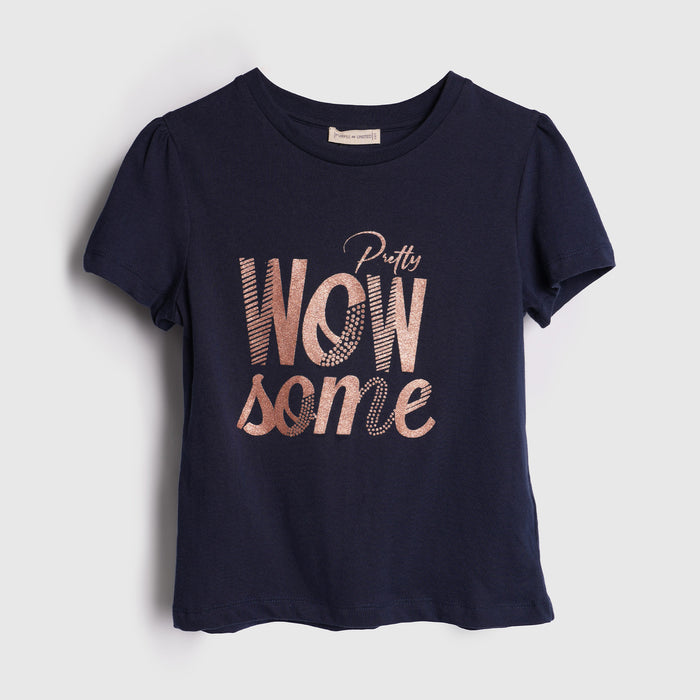 Girls Navy Embellished Summer T-Shirt with Puff Sleeves & Shine Artwork