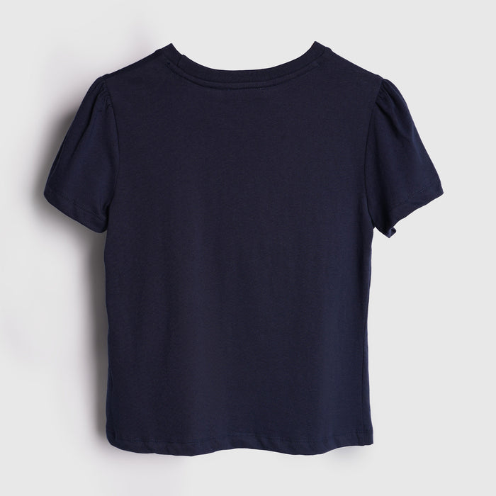 Girls Navy Embellished Summer T-Shirt with Puff Sleeves & Shine Artwork