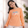 Girls Peach Full Sleeve Graphic T-Shirt with Shine Sparkle Design