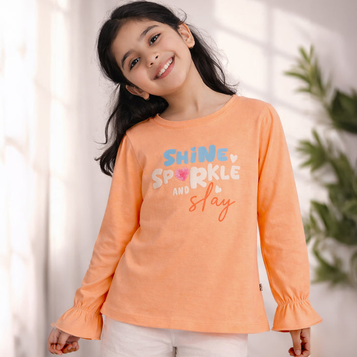 Girls Peach Full Sleeve Graphic T-Shirt with Shine Sparkle Design