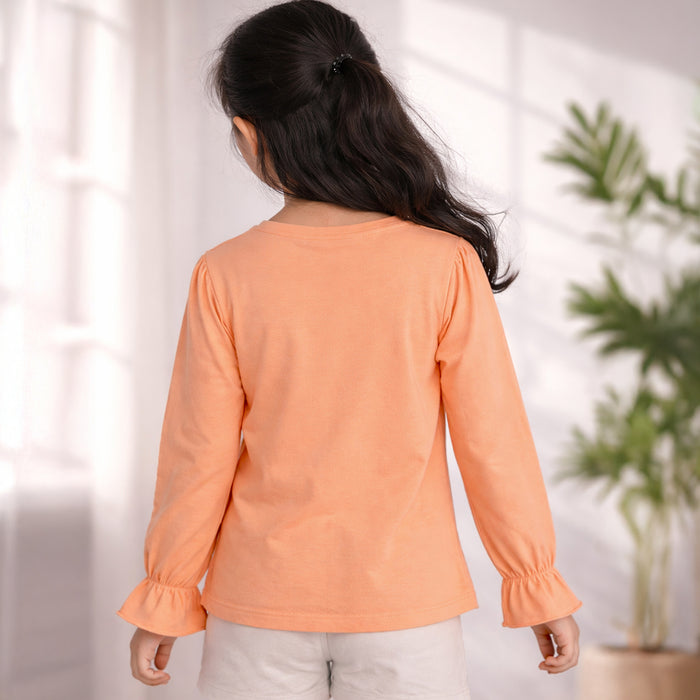 Girls Peach Full Sleeve Graphic T-Shirt with Shine Sparkle Design
