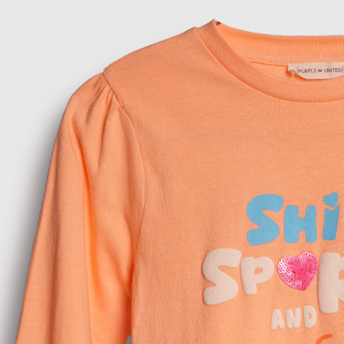 Girls Peach Full Sleeve Graphic T-Shirt with Shine Sparkle Design