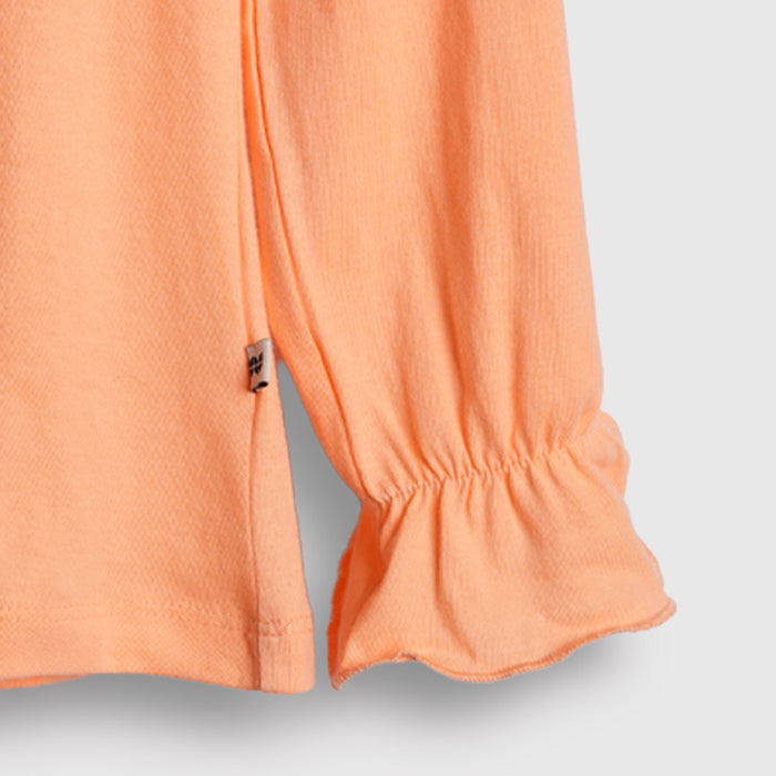 Girls Peach Full Sleeve Graphic T-Shirt with Shine Sparkle Design