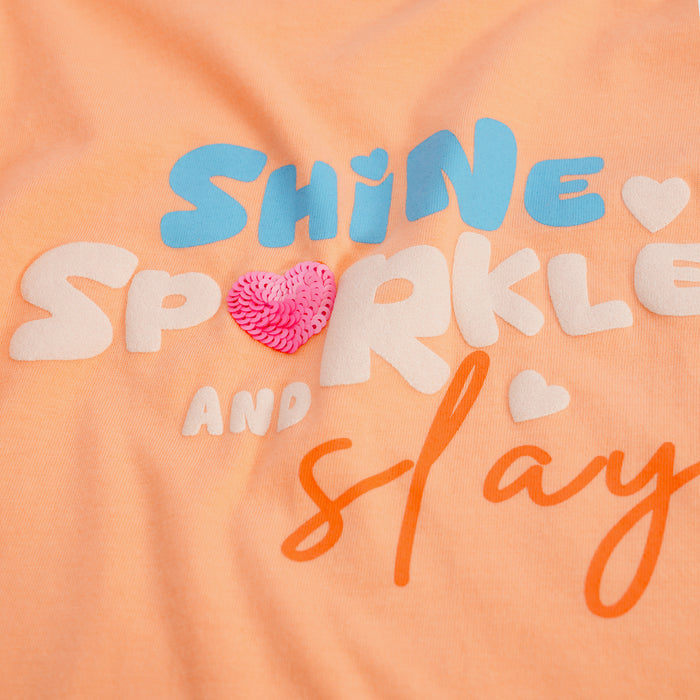 Girls Peach Full Sleeve Graphic T-Shirt with Shine Sparkle Design