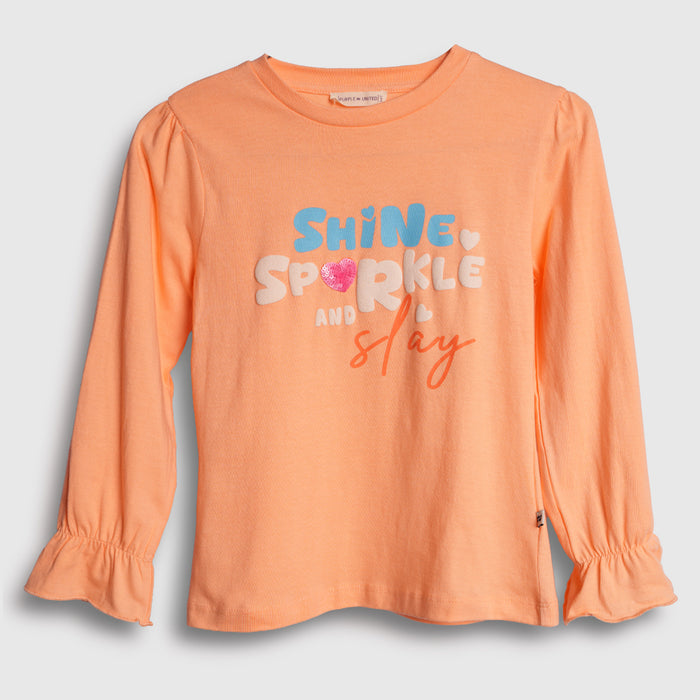 Girls Peach Full Sleeve Graphic T-Shirt with Shine Sparkle Design