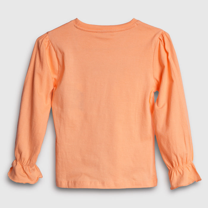Girls Peach Full Sleeve Graphic T-Shirt with Shine Sparkle Design