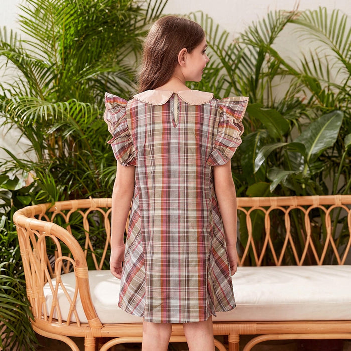 Girls Pink Multicolor Checked Dress with Peter Pan Collar