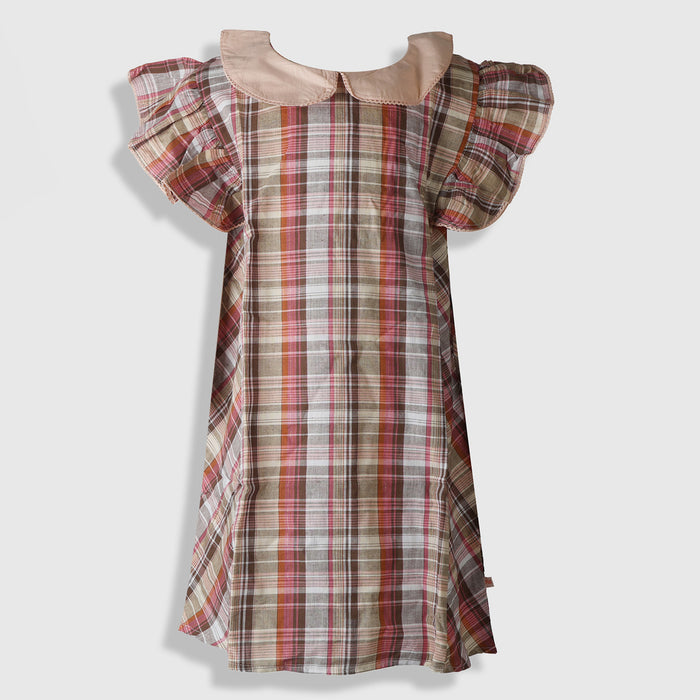 Girls Pink Multicolor Checked Dress with Peter Pan Collar