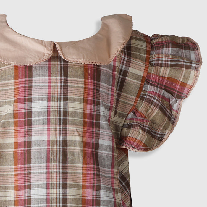 Girls Pink Multicolor Checked Dress with Peter Pan Collar