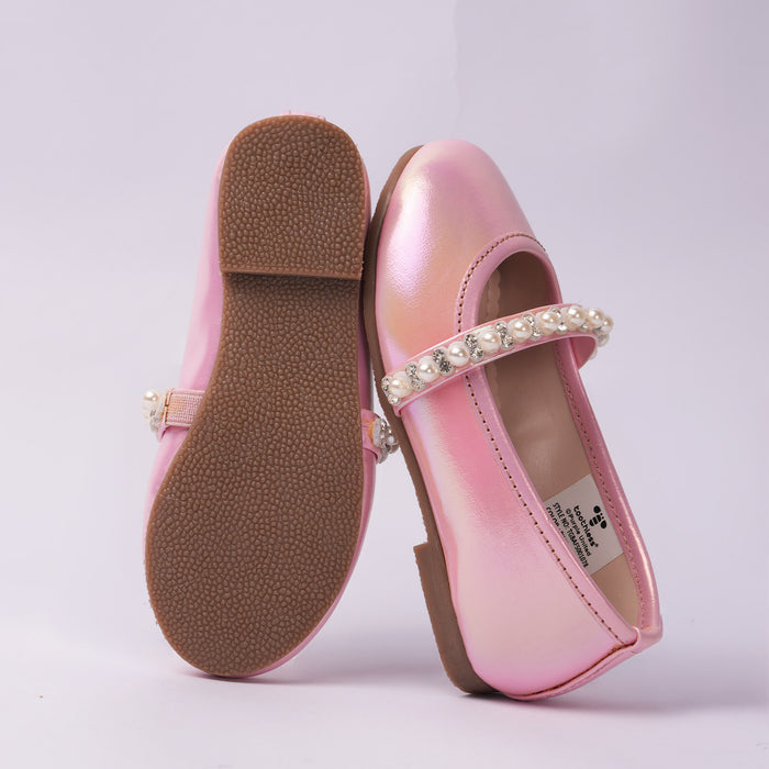 Girls Pink Shimmer Pearl Strap Ballerinas