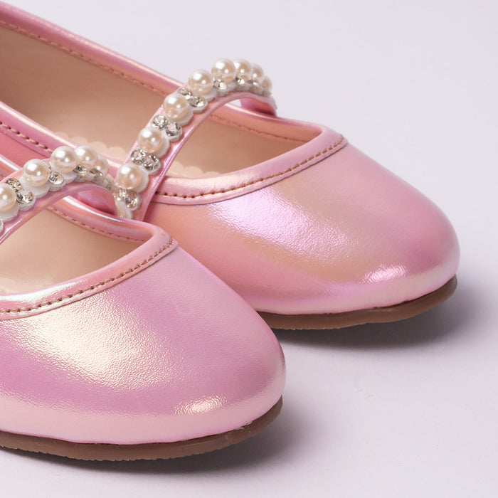 Girls Pink Shimmer Pearl Strap Ballerinas