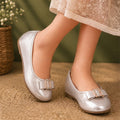 Girls Silver Shimmer Ballerina Flats with Jewel Bow Detail