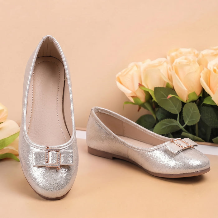 Girls Silver Shimmer Ballerina Flats with Jewel Bow Detail