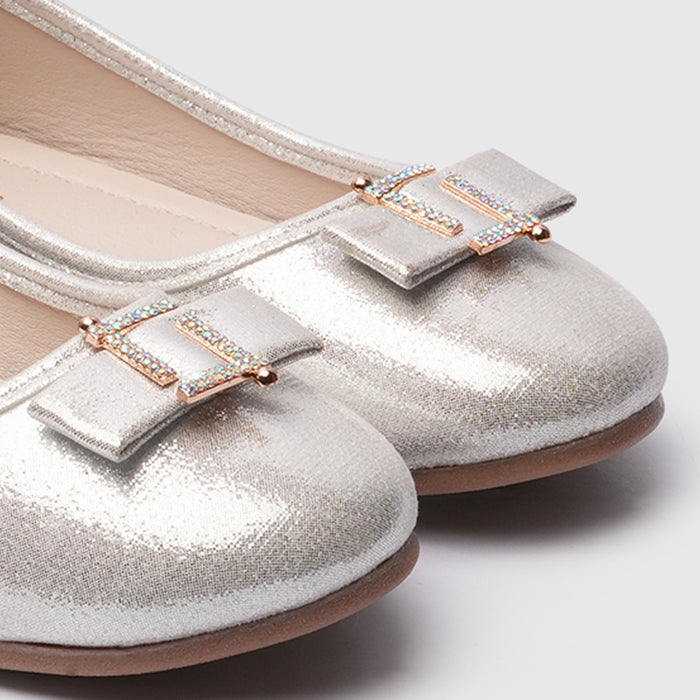 Girls Silver Shimmer Ballerina Flats with Jewel Bow Detail