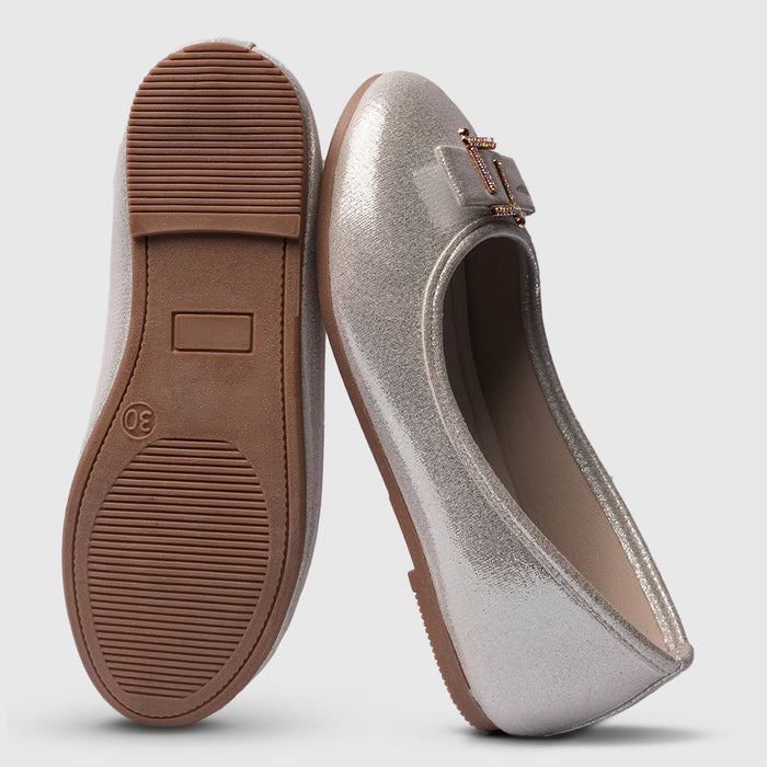 Girls Silver Shimmer Ballerina Flats with Jewel Bow Detail